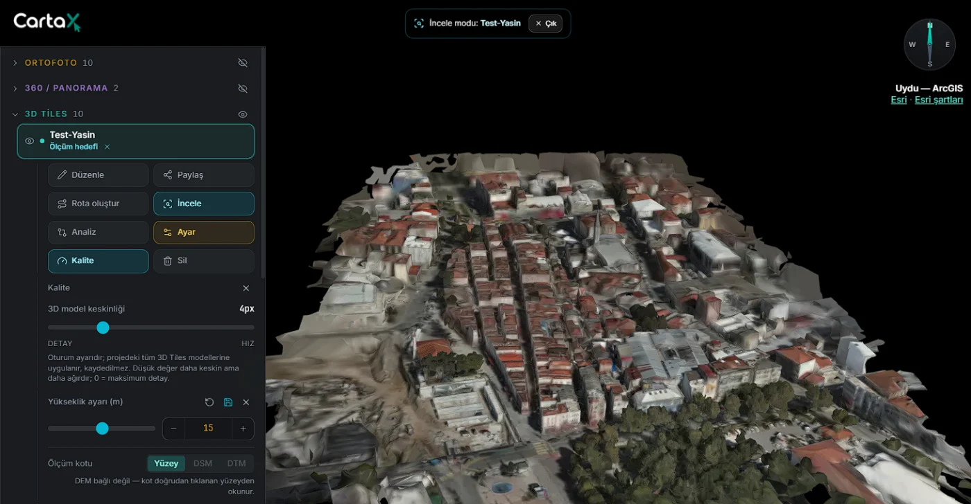 CartaX katman panelinde 3D Tiles ayarları ve İncele modu