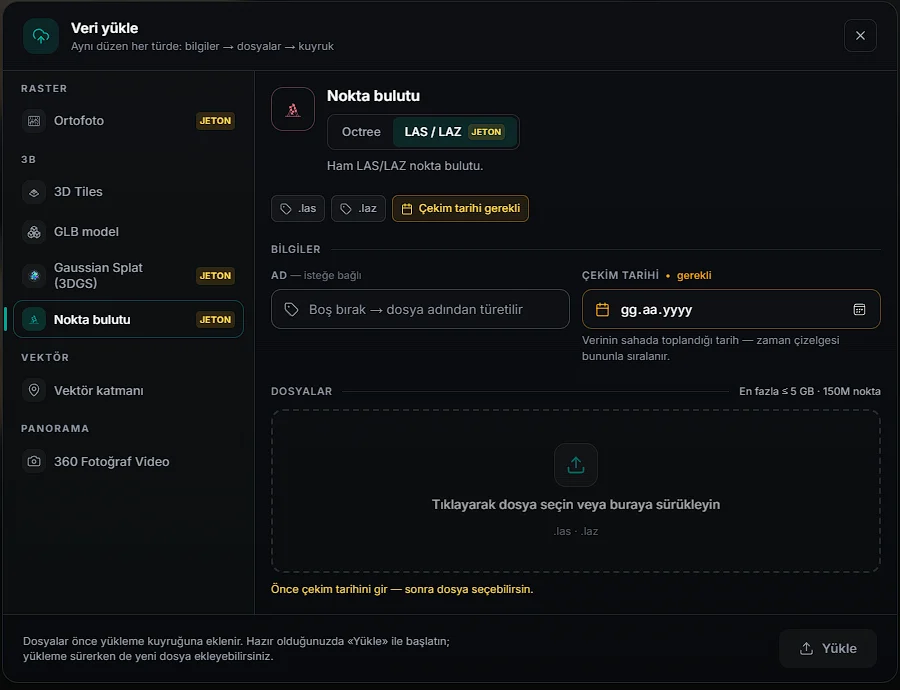 CartaX yükleme paneli, LAS/LAZ kartı vurgulu