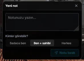 CartaX paylaşımında misafirin not bırakma penceresi