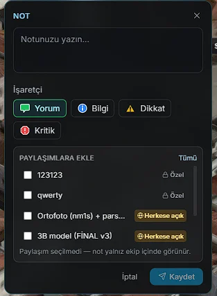 CartaX harita notu oluşturma penceresi