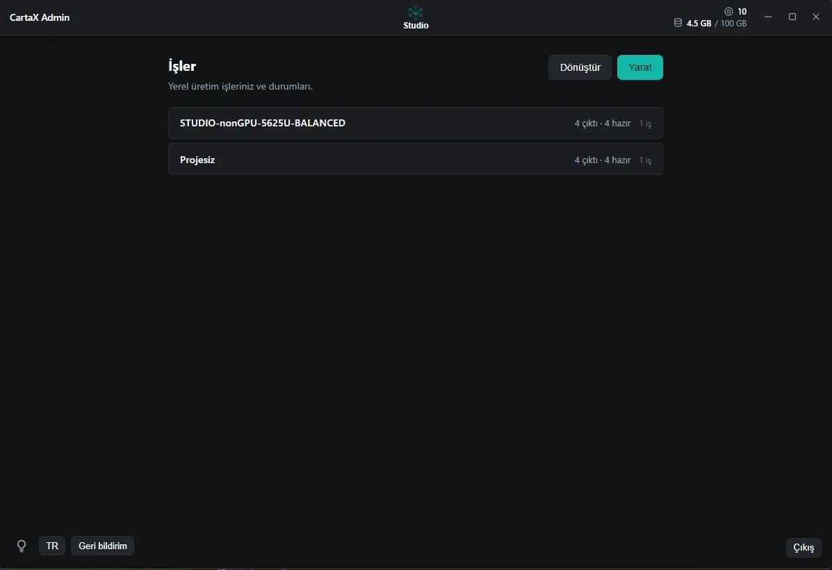 CartaX Studio ana ekranı